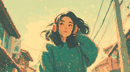 anime girl with headphones in the city street, soft pastel tones, perfect for posters, wallpapers and digital art projects	