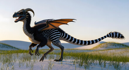 A digital illustration of a dinosaur running across a serene landscape with rolling hills and grassy terrain, captured from a side viewpoint.