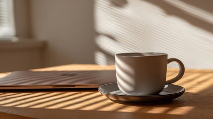 Light Grey Coffee Cup on Wooden Table with Laptop