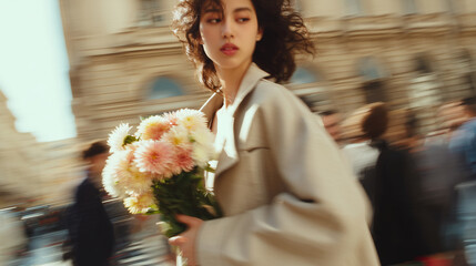retro cinematic aesthetic stylish woman walking with flowers in a busy city street, elegant fashion portrait in motion,  for editorials, lifestyle blogs, urban romance stories, 70s 80s film look