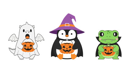 Halloween Trio: A playful cartoon featuring a ghost, penguin, and frog, all dressed in Halloween costumes, clutching jack-o'-lanterns, in a whimsical and festive tableau.