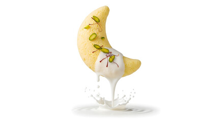 A crescent-shaped dessert delicately adorned with pistachios and saffron, draped in creamy sauce, captured mid-splash for a dynamic presentation that highlights elegance and flavor.

