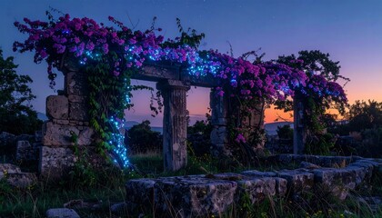 Naklejka premium Enchanted Twilight Stone Archway with Bougainvillea Flowers and Fairy Lights