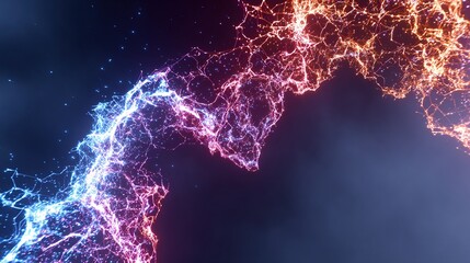 A swirling, abstract digital art piece with glowing particles and connected nodes in blue-to-orange hues