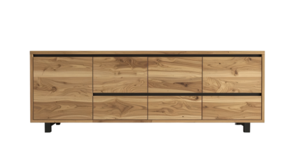 A modern wooden sideboard cabinet featuring natural wood grain details, black accents and clean lines.