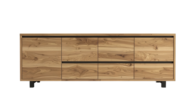 A modern wooden sideboard cabinet featuring natural wood grain details, black accents and clean lines.