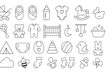 Flat Vector Baby Icons Set, Cute Pastel Baby Toys and Accessories, Minimal Modern Colorful Baby Illustration Pack