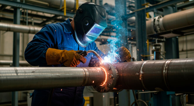 Man welder in protective mask welding metal pipe and creating sparks. Industrial worker fabricating steel in factory for construction.