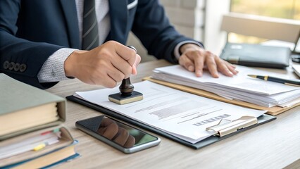 Fototapeta premium Professional executive reviewing and approving legal documents with stamp on modern desk