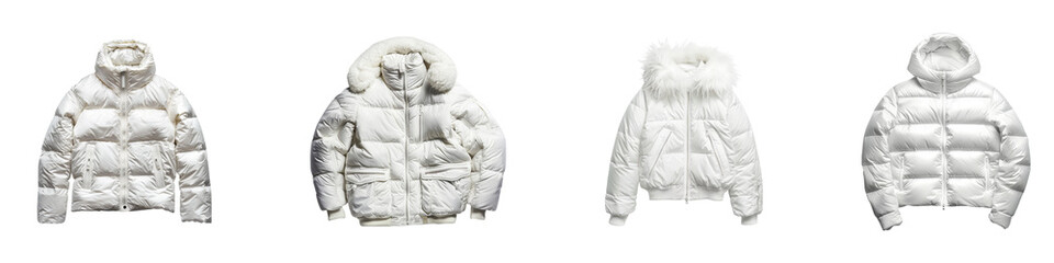 Different styles of fashionable puffer jackets displayed on a transparent background Generative AI
