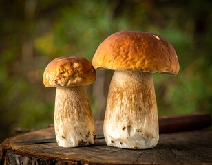 Two large mushrooms on a tree stump