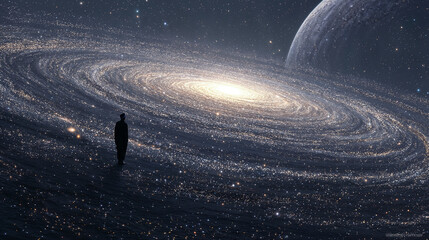 Spiritual Journey in the Cosmos: Man Silhouette and Spiral Galaxy