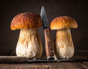 Two large mushrooms on a rustic wooden table with a knife