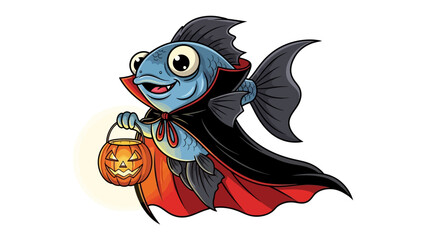 Halloween Fish: A playful fish, dressed in a vampire cloak, joyfully carrying a jack-o'-lantern, perfectly embodying the spirit of Halloween. A whimsical illustration suitable for festive designs.