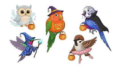 Animated Halloween Birds: A collection of charming animated birds dressed in festive Halloween costumes, each holding a miniature jack-o'-lantern.