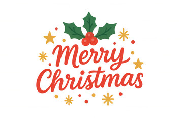 Merry christmas lettering with holly, berries, stars, snowflakes, and festive elements on transparent background