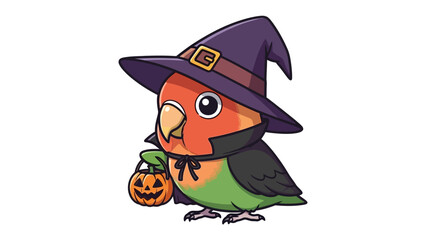 Halloween Parrot: An adorable parrot dressed up in a witch's hat and holding a pumpkin, ready for trick-or-treating, with a playful and spooky atmosphere.
