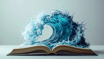 Dynamic blue water wave surges from an open book, symbolizing the powerful flow of knowledge and creativity.