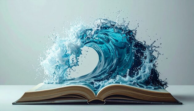 Dynamic blue water wave surges from an open book, symbolizing the powerful flow of knowledge and creativity. - Powered by Adobe