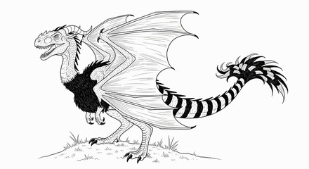A black and white illustration of a dragon standing on a hill with wings spread wide