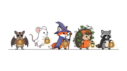 Whimsical Halloween Friends: A delightful array of cartoon animals costumed in spooky, festive attire, each carrying a lantern, embodies the playful spirit of the season.