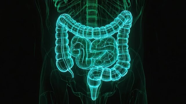Human Digestive System Anatomy Glowing Blue Intestines and Colon Medical Illustration