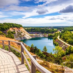 Obraz premium Scenic quarry vista with wooden walkway