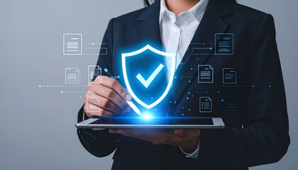 Modern professional securing sensitive digital data and important documents with cutting-edge cybersecurity.