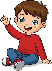 Cartoon illustration of happy boy sitting on floor, waving hand, smiling child character in red shirt, casual clothes, cute design