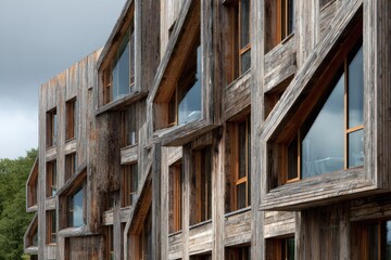 Modern wood building facade with unusual windows