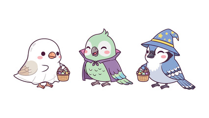 Cute Birds Celebrating Halloween: A charming trio of cartoon birds dressed in whimsical Halloween costumes. A festive avian gathering full of spooky delight.