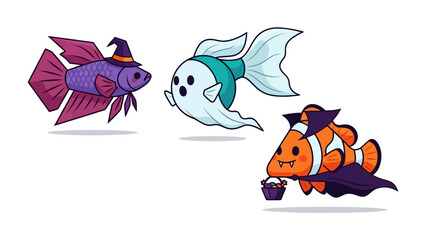 Aquatic Halloween Characters: Delightful aquatic creatures are whimsically transformed with Halloween costumes, perfect for festive decor or playful illustration. 