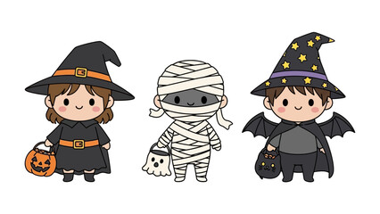 Halloween Character Trio: Three adorable Halloween characters, dressed as a witch, mummy, and bat, stand side-by-side, with bright and cheerful vibes. 