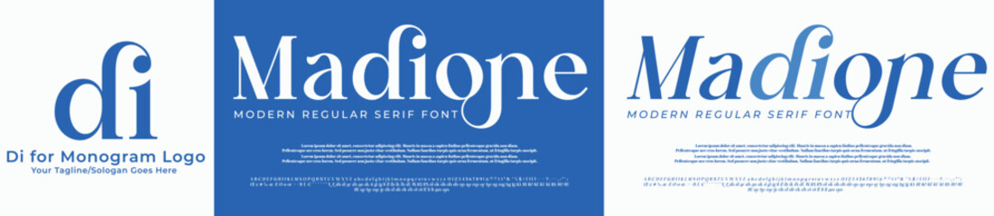 Madiona Fashion Serif Stylish Display Bold Font alphabet with Di Logo