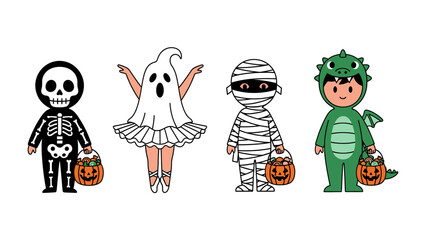 Costumed Characters in Halloween: A collection of delightful children dressed in their unique costumes celebrating the enchanting spirit of Halloween. The playful costumes, with their vibrant colors.