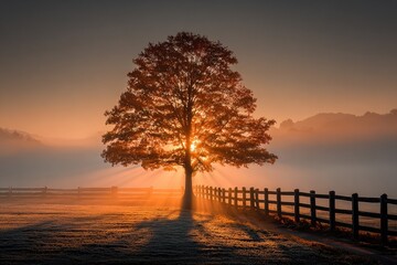 Sunrise through a lone tree, misty field