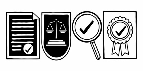 Black and white legal compliance symbols including document scales magnifying glass and award badge