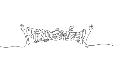 Halloween pumpkin one line drawing, single line vector illustration with text.