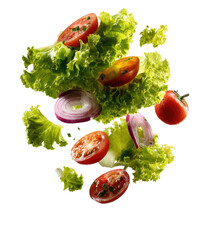 Fresh salad ingredients, lettuce, tomato, onion, in mid-air