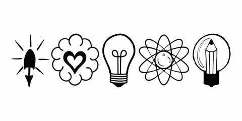 Illustration of five black and white icons including a lightbulb and a heart shaped cloud design