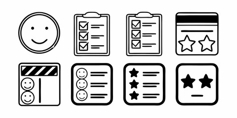 Illustration of feedback forms, checklist, happy faces, and rating stars in black and white outline