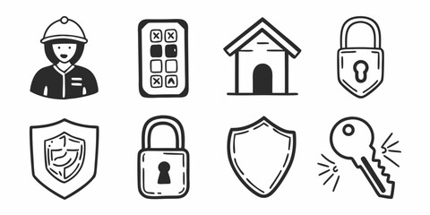 Doodle style icons showing a worker, phone, house, locks, shields, and a key in black and white color
