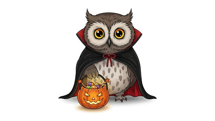 Halloween Owl's Spooktacular Treat: A charming owl, dressed in a dark cape and a smiling jack-o'-lantern, presents a festive and playful scene for Halloween.
