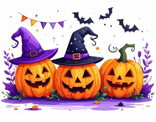 Delightful Halloween pumpkins wearing witch hats with spooky bats and festive banners for celebrations