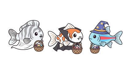Aquatic Halloween Trio: Three enchanting fish, dressed in spooky costumes, embark on a delightful trick-or-treating adventure with playful allure