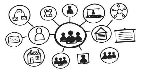 Illustration of a central group surrounded by icons representing various aspects and connections around it