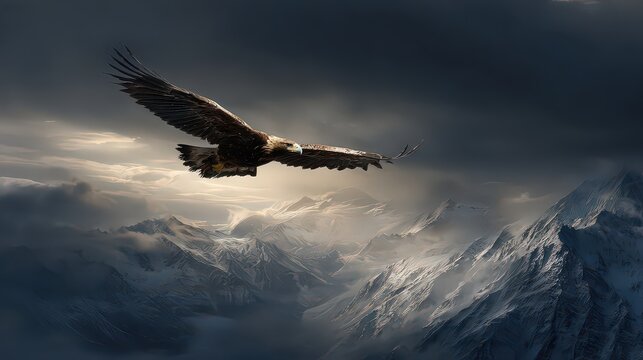 Majestic Eagle Soaring Above Snowy Mountain Range - Powered by Adobe