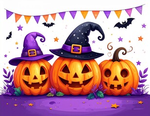 Three cheerful Halloween jack-o-lanterns with witch hats and festive decorations create spooky fun.