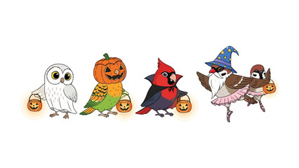Festive Avian Friends: A captivating group of adorable birds, each adorned in whimsical costumes, clutch miniature pumpkin lanterns in a colorful and joyful scene. 