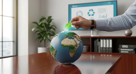 A person's hand placing a leaf on a globe, symbolizing environmental responsibility in an office setting.